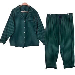 Dreamy by Lubot Womens XL Pajama Set Green Navy Gingham 100% Cotton Top Pants